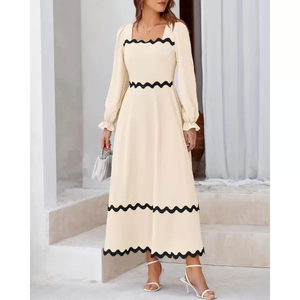 BTFBM RIC Rac Dress Women Maxi Dress Square Neck Long Sleeve Smocked Tie Back ALine Flowy Fall Wedding Guest DressesSolid Beige