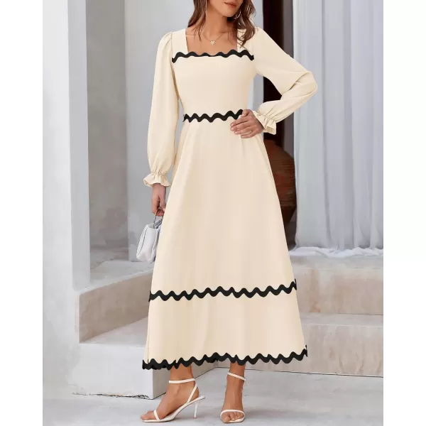 BTFBM RIC Rac Dress Women Maxi Dress Square Neck Long Sleeve Smocked Tie Back ALine Flowy Fall Wedding Guest DressesSolid Beige