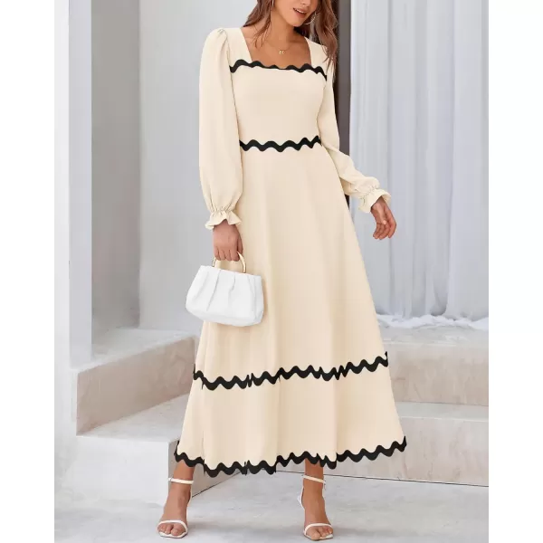 BTFBM RIC Rac Dress Women Maxi Dress Square Neck Long Sleeve Smocked Tie Back ALine Flowy Fall Wedding Guest DressesSolid Beige