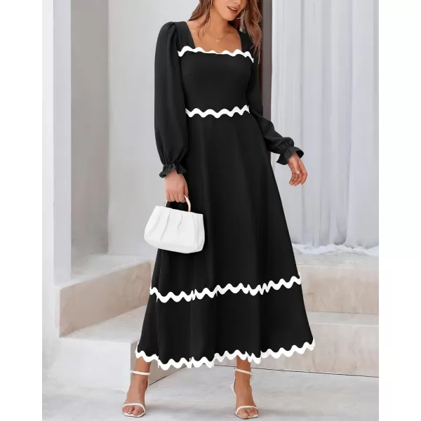 BTFBM RIC Rac Dress Women Maxi Dress Square Neck Long Sleeve Smocked Tie Back ALine Flowy Fall Wedding Guest DressesSolid Black