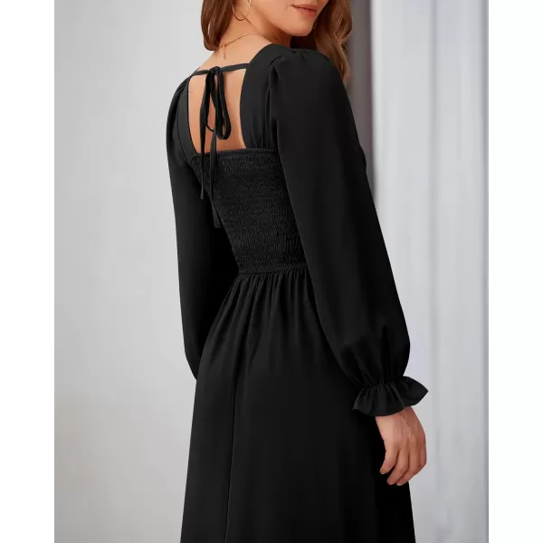 BTFBM RIC Rac Dress Women Maxi Dress Square Neck Long Sleeve Smocked Tie Back ALine Flowy Fall Wedding Guest DressesSolid Black