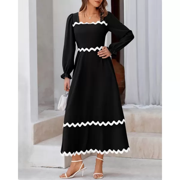 BTFBM RIC Rac Dress Women Maxi Dress Square Neck Long Sleeve Smocked Tie Back ALine Flowy Fall Wedding Guest DressesSolid Black