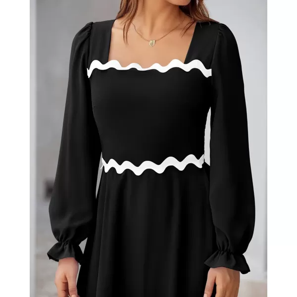 BTFBM RIC Rac Dress Women Maxi Dress Square Neck Long Sleeve Smocked Tie Back ALine Flowy Fall Wedding Guest DressesSolid Black
