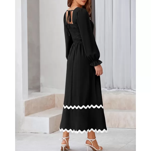 BTFBM RIC Rac Dress Women Maxi Dress Square Neck Long Sleeve Smocked Tie Back ALine Flowy Fall Wedding Guest DressesSolid Black