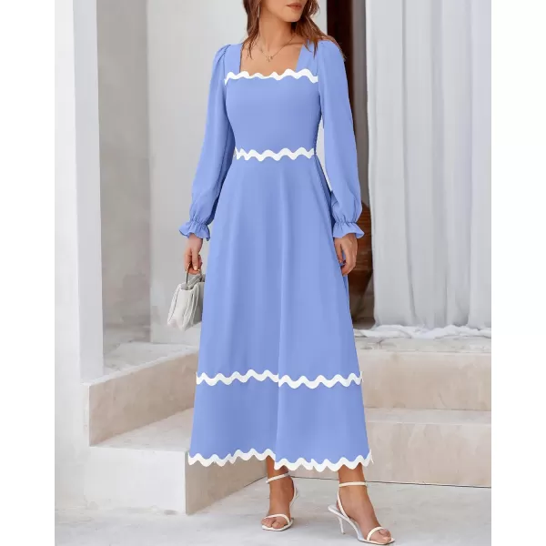 BTFBM RIC Rac Dress Women Maxi Dress Square Neck Long Sleeve Smocked Tie Back ALine Flowy Fall Wedding Guest DressesSolid Blue