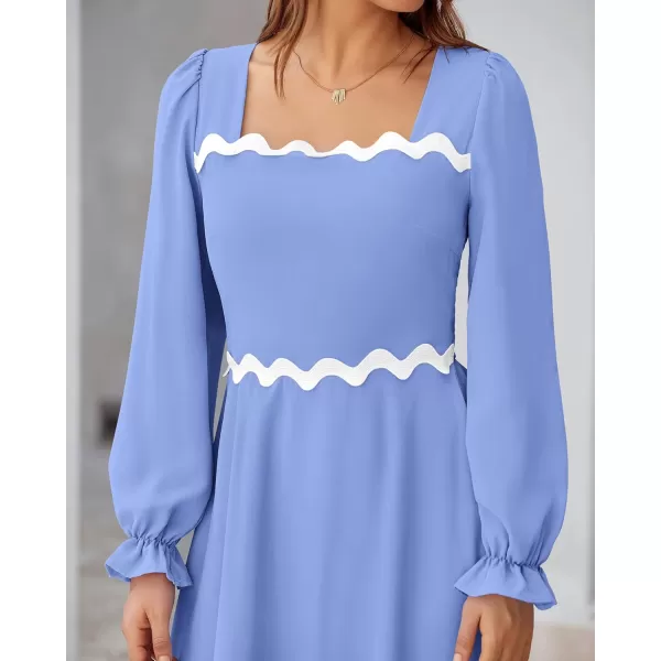 BTFBM RIC Rac Dress Women Maxi Dress Square Neck Long Sleeve Smocked Tie Back ALine Flowy Fall Wedding Guest DressesSolid Blue