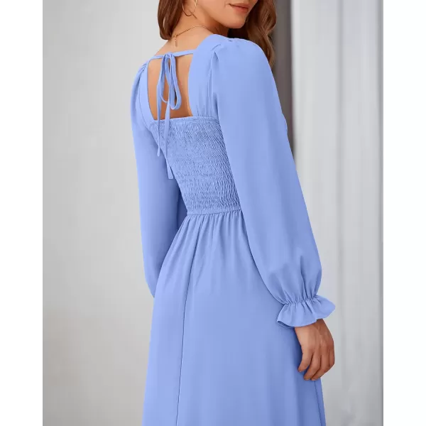 BTFBM RIC Rac Dress Women Maxi Dress Square Neck Long Sleeve Smocked Tie Back ALine Flowy Fall Wedding Guest DressesSolid Blue