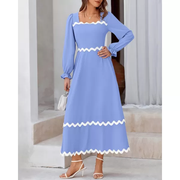 BTFBM RIC Rac Dress Women Maxi Dress Square Neck Long Sleeve Smocked Tie Back ALine Flowy Fall Wedding Guest DressesSolid Blue