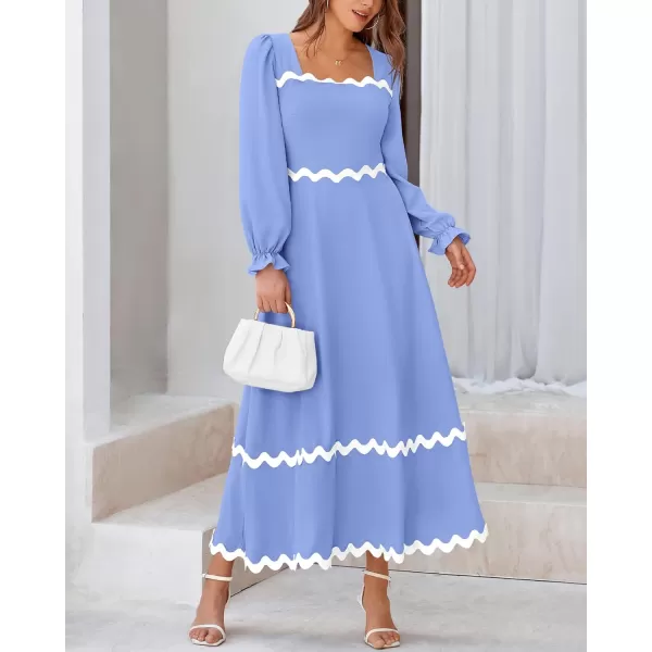 BTFBM RIC Rac Dress Women Maxi Dress Square Neck Long Sleeve Smocked Tie Back ALine Flowy Fall Wedding Guest DressesSolid Blue