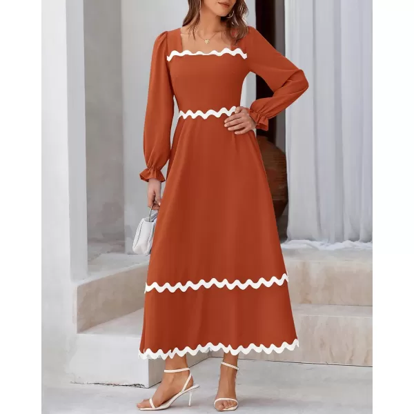 BTFBM RIC Rac Dress Women Maxi Dress Square Neck Long Sleeve Smocked Tie Back ALine Flowy Fall Wedding Guest DressesSolid Brick Red