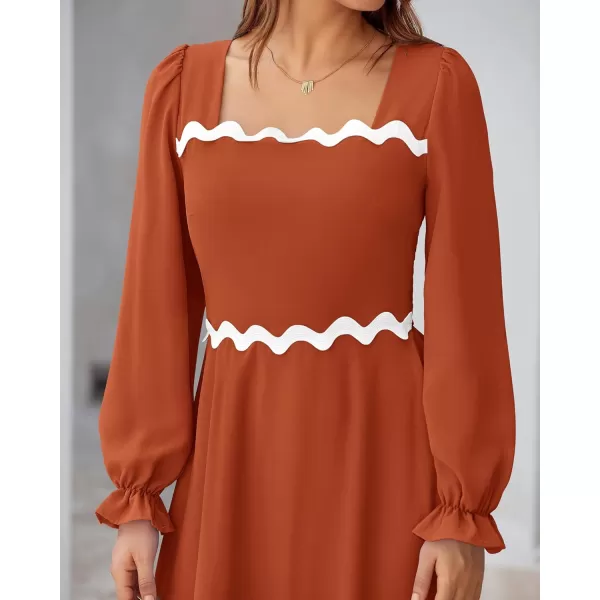 BTFBM RIC Rac Dress Women Maxi Dress Square Neck Long Sleeve Smocked Tie Back ALine Flowy Fall Wedding Guest DressesSolid Brick Red
