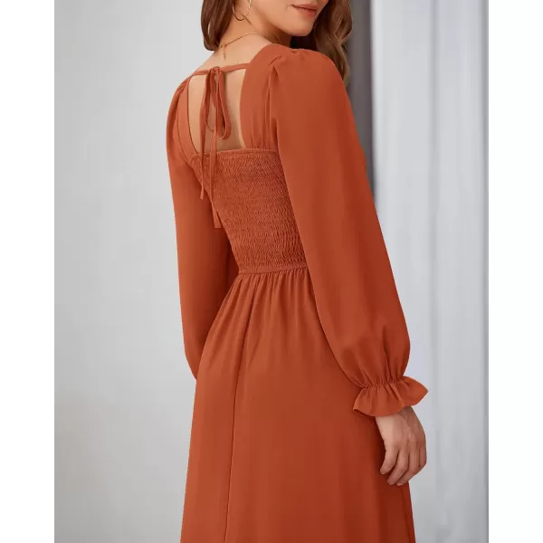 BTFBM RIC Rac Dress Women Maxi Dress Square Neck Long Sleeve Smocked Tie Back ALine Flowy Fall Wedding Guest DressesSolid Brick Red