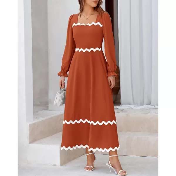 BTFBM RIC Rac Dress Women Maxi Dress Square Neck Long Sleeve Smocked Tie Back ALine Flowy Fall Wedding Guest DressesSolid Brick Red