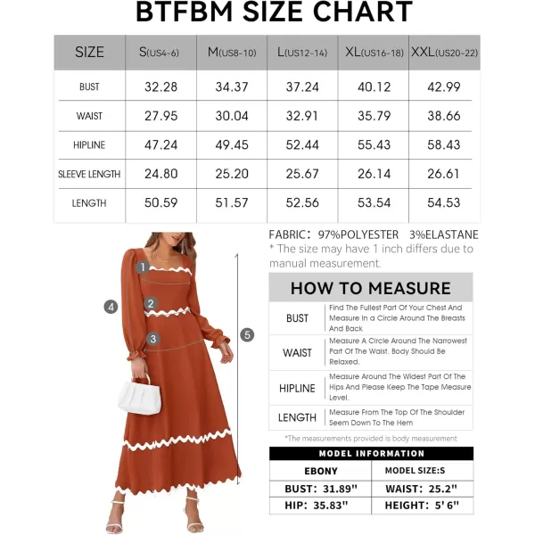 BTFBM RIC Rac Dress Women Maxi Dress Square Neck Long Sleeve Smocked Tie Back ALine Flowy Fall Wedding Guest DressesSolid Brick Red