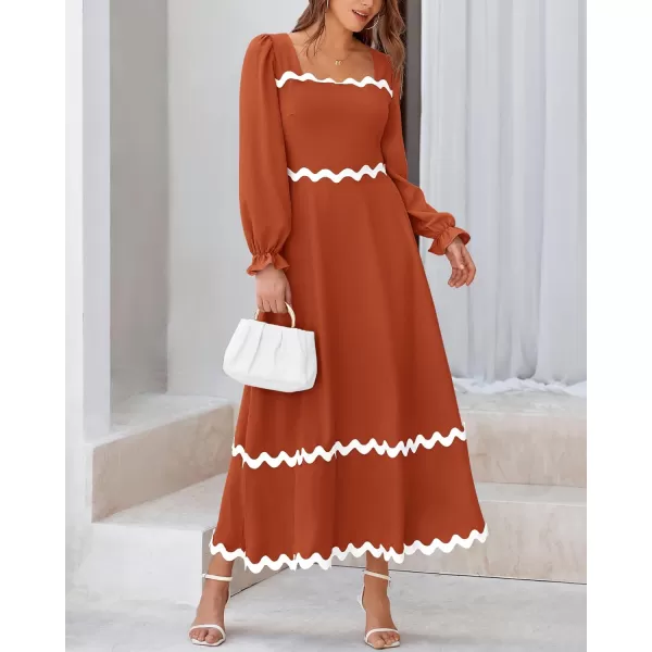 BTFBM RIC Rac Dress Women Maxi Dress Square Neck Long Sleeve Smocked Tie Back ALine Flowy Fall Wedding Guest DressesSolid Brick Red
