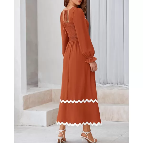BTFBM RIC Rac Dress Women Maxi Dress Square Neck Long Sleeve Smocked Tie Back ALine Flowy Fall Wedding Guest DressesSolid Brick Red