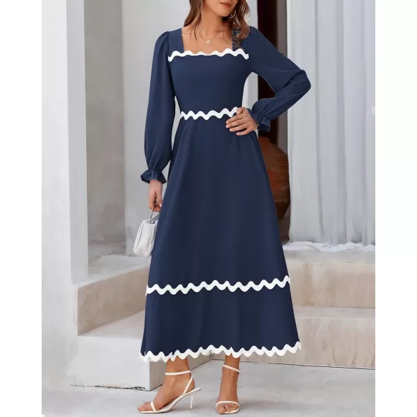BTFBM RIC Rac Dress Women Maxi Dress Square Neck Long Sleeve Smocked Tie Back ALine Flowy Fall Wedding Guest DressesSolid Navy