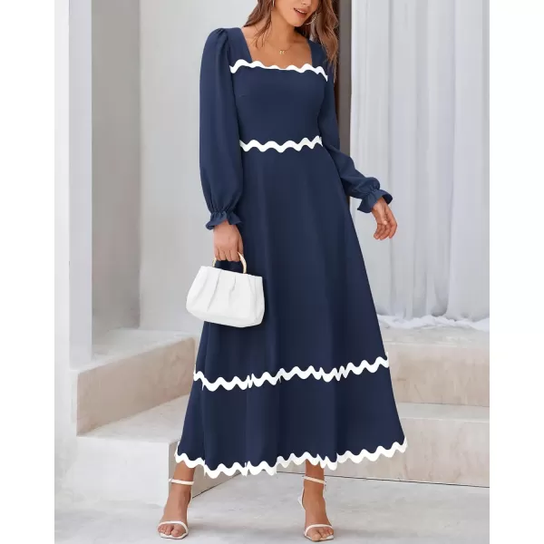 BTFBM RIC Rac Dress Women Maxi Dress Square Neck Long Sleeve Smocked Tie Back ALine Flowy Fall Wedding Guest DressesSolid Navy