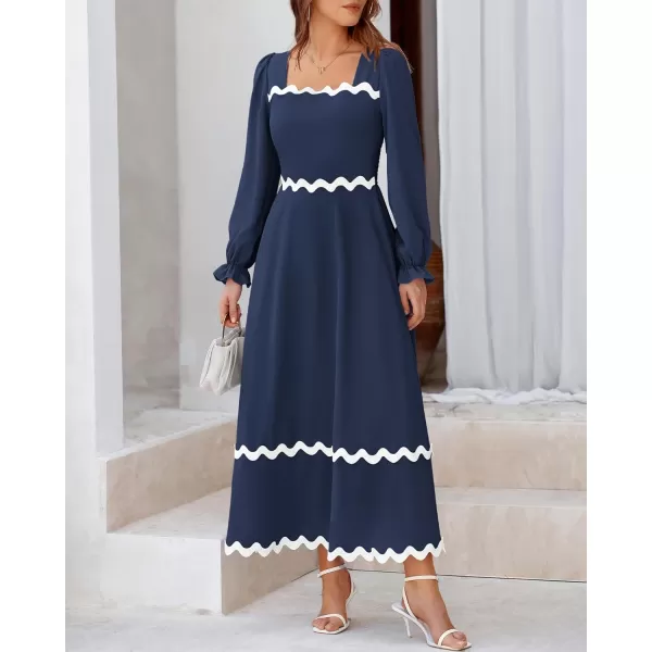 BTFBM RIC Rac Dress Women Maxi Dress Square Neck Long Sleeve Smocked Tie Back ALine Flowy Fall Wedding Guest DressesSolid Navy