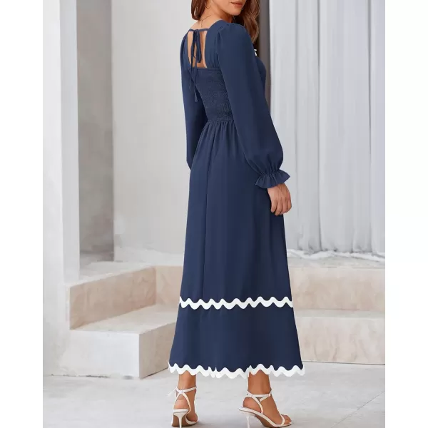 BTFBM RIC Rac Dress Women Maxi Dress Square Neck Long Sleeve Smocked Tie Back ALine Flowy Fall Wedding Guest DressesSolid Navy