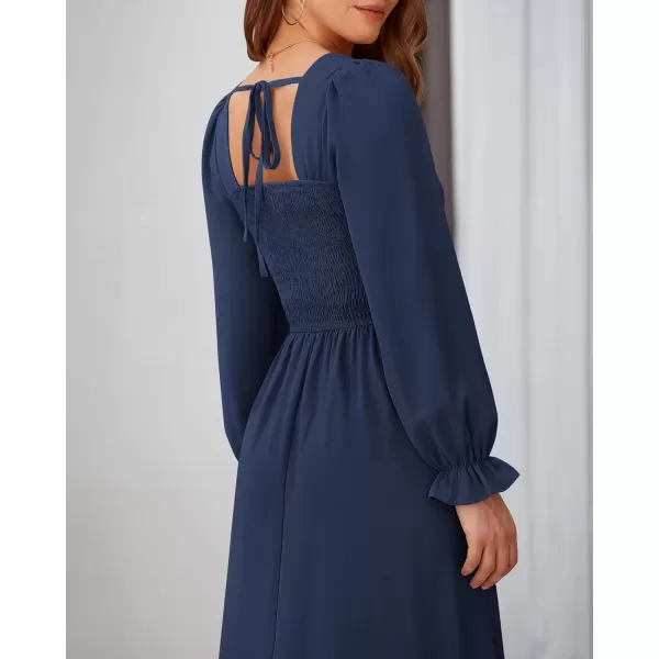 BTFBM RIC Rac Dress Women Maxi Dress Square Neck Long Sleeve Smocked Tie Back ALine Flowy Fall Wedding Guest DressesSolid Navy