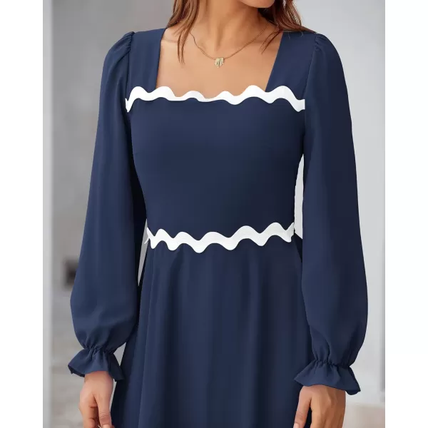 BTFBM RIC Rac Dress Women Maxi Dress Square Neck Long Sleeve Smocked Tie Back ALine Flowy Fall Wedding Guest DressesSolid Navy