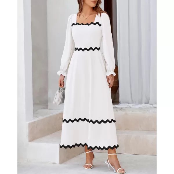 BTFBM RIC Rac Dress Women Maxi Dress Square Neck Long Sleeve Smocked Tie Back ALine Flowy Fall Wedding Guest DressesSolid White Black