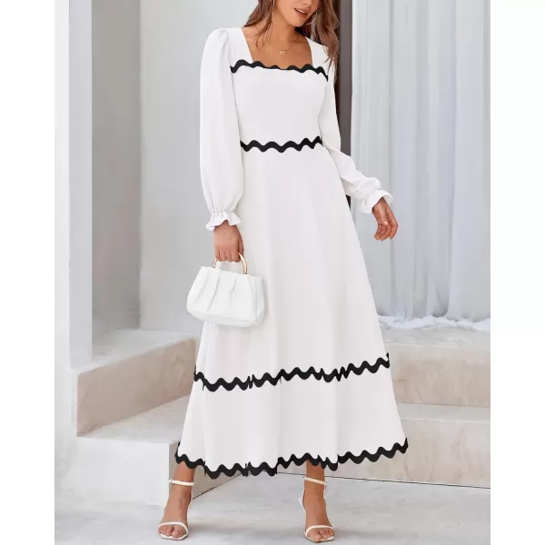 BTFBM RIC Rac Dress Women Maxi Dress Square Neck Long Sleeve Smocked Tie Back ALine Flowy Fall Wedding Guest DressesSolid White Black