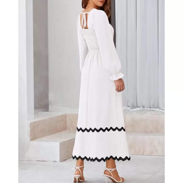 BTFBM RIC Rac Dress Women Maxi Dress Square Neck Long Sleeve Smocked Tie Back ALine Flowy Fall Wedding Guest DressesSolid White Black