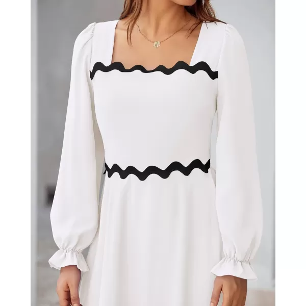 BTFBM RIC Rac Dress Women Maxi Dress Square Neck Long Sleeve Smocked Tie Back ALine Flowy Fall Wedding Guest DressesSolid White Black