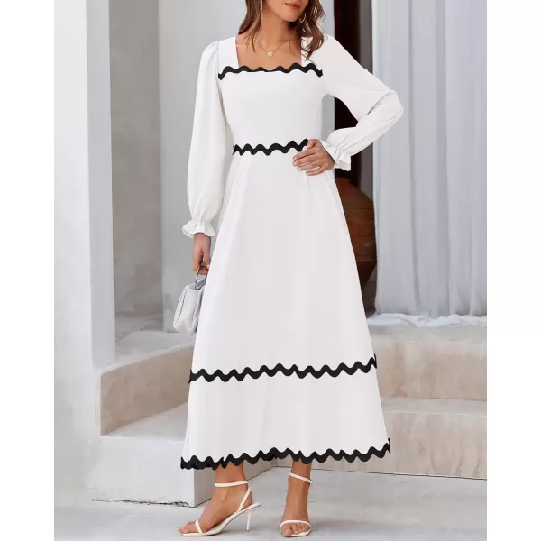 BTFBM RIC Rac Dress Women Maxi Dress Square Neck Long Sleeve Smocked Tie Back ALine Flowy Fall Wedding Guest DressesSolid White Black