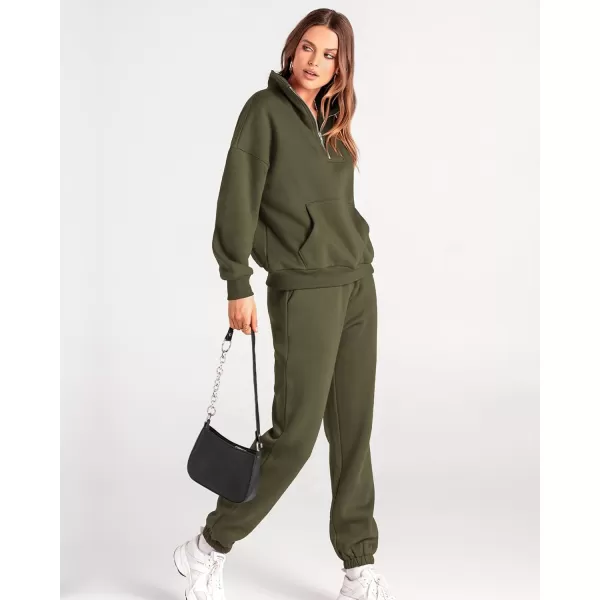 BTFBM Women 2 Piece Tracksuits Fall Winter 14 Zip Sweatshirt Jogger Pants Matching Lounge Sets Thick Sweatsuits PocketsSolid Army Green