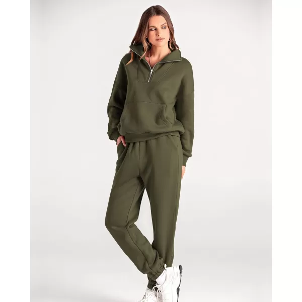 BTFBM Women 2 Piece Tracksuits Fall Winter 14 Zip Sweatshirt Jogger Pants Matching Lounge Sets Thick Sweatsuits PocketsSolid Army Green