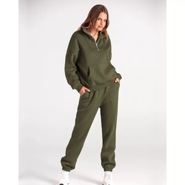 BTFBM Women 2 Piece Tracksuits Fall Winter 14 Zip Sweatshirt Jogger Pants Matching Lounge Sets Thick Sweatsuits PocketsSolid Army Green