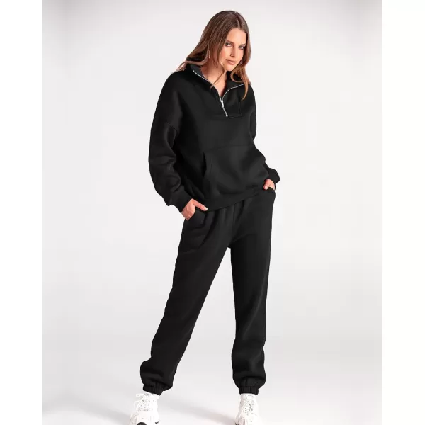 BTFBM Women 2 Piece Tracksuits Fall Winter 14 Zip Sweatshirt Jogger Pants Matching Lounge Sets Thick Sweatsuits PocketsSolid Black