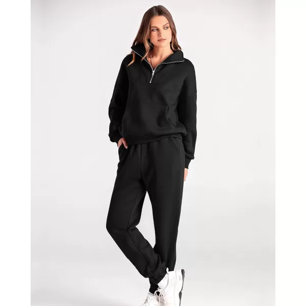BTFBM Women 2 Piece Tracksuits Fall Winter 14 Zip Sweatshirt Jogger Pants Matching Lounge Sets Thick Sweatsuits PocketsSolid Black