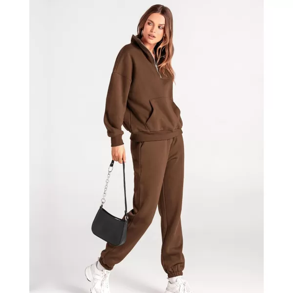 BTFBM Women 2 Piece Tracksuits Fall Winter 14 Zip Sweatshirt Jogger Pants Matching Lounge Sets Thick Sweatsuits PocketsSolid Brown