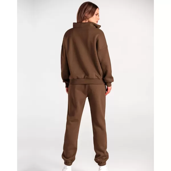 BTFBM Women 2 Piece Tracksuits Fall Winter 14 Zip Sweatshirt Jogger Pants Matching Lounge Sets Thick Sweatsuits PocketsSolid Brown