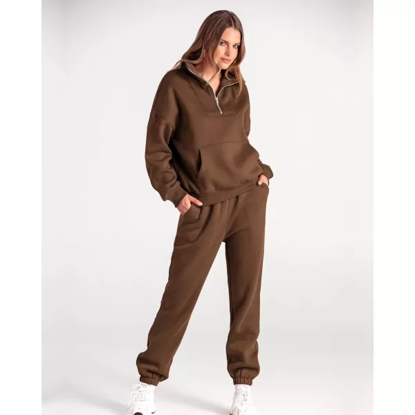 BTFBM Women 2 Piece Tracksuits Fall Winter 14 Zip Sweatshirt Jogger Pants Matching Lounge Sets Thick Sweatsuits PocketsSolid Brown