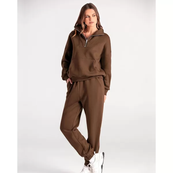 BTFBM Women 2 Piece Tracksuits Fall Winter 14 Zip Sweatshirt Jogger Pants Matching Lounge Sets Thick Sweatsuits PocketsSolid Brown