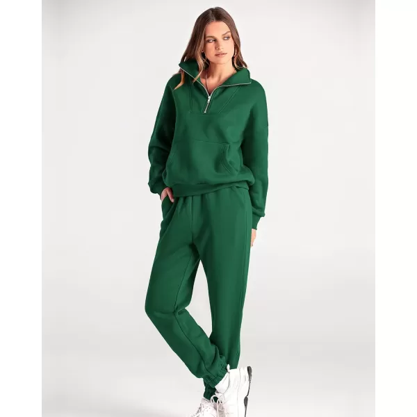 BTFBM Women 2 Piece Tracksuits Fall Winter 14 Zip Sweatshirt Jogger Pants Matching Lounge Sets Thick Sweatsuits PocketsSolid Dark Green