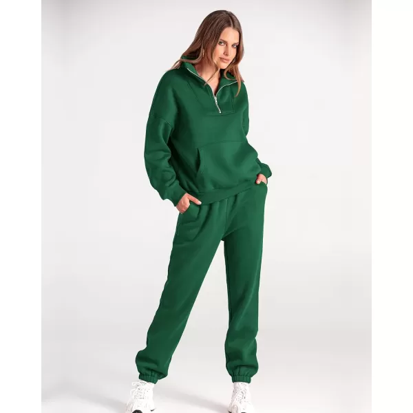 BTFBM Women 2 Piece Tracksuits Fall Winter 14 Zip Sweatshirt Jogger Pants Matching Lounge Sets Thick Sweatsuits PocketsSolid Dark Green