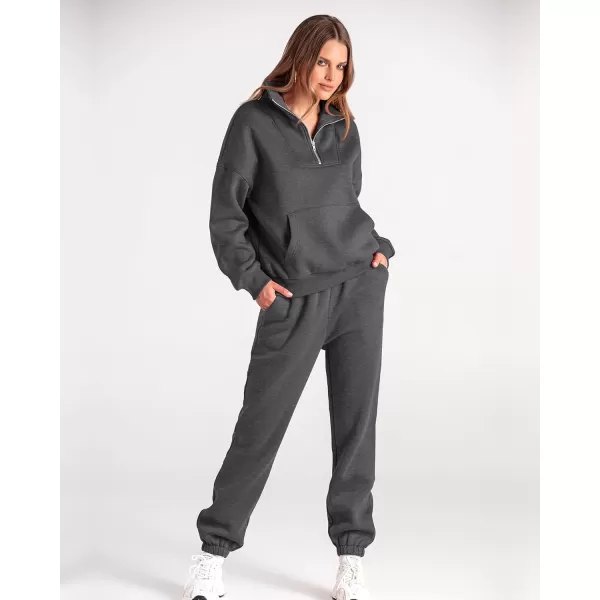 BTFBM Women 2 Piece Tracksuits Fall Winter 14 Zip Sweatshirt Jogger Pants Matching Lounge Sets Thick Sweatsuits PocketsSolid Dark Grey