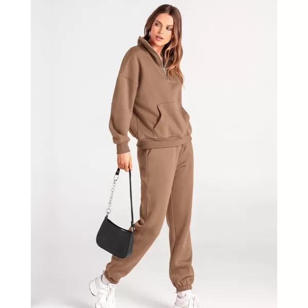 BTFBM Women 2 Piece Tracksuits Fall Winter 14 Zip Sweatshirt Jogger Pants Matching Lounge Sets Thick Sweatsuits PocketsSolid Dark Khaki