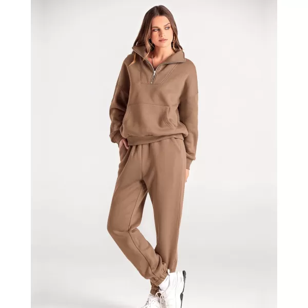 BTFBM Women 2 Piece Tracksuits Fall Winter 14 Zip Sweatshirt Jogger Pants Matching Lounge Sets Thick Sweatsuits PocketsSolid Dark Khaki