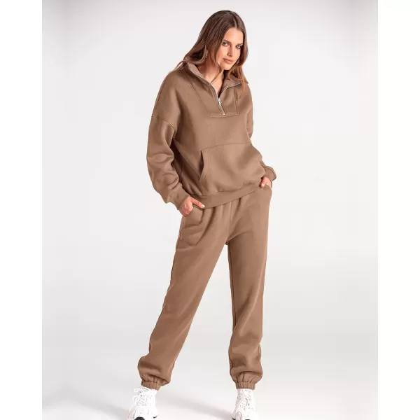 BTFBM Women 2 Piece Tracksuits Fall Winter 14 Zip Sweatshirt Jogger Pants Matching Lounge Sets Thick Sweatsuits PocketsSolid Dark Khaki
