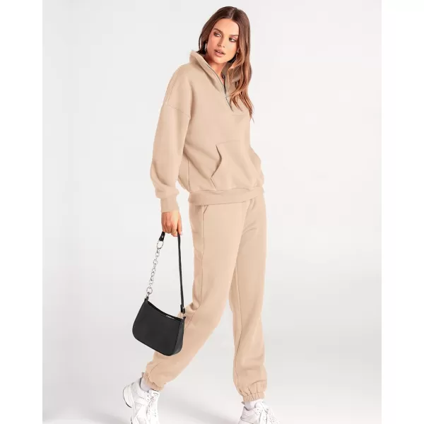 BTFBM Women 2 Piece Tracksuits Fall Winter 14 Zip Sweatshirt Jogger Pants Matching Lounge Sets Thick Sweatsuits PocketsSolid Light Khaki