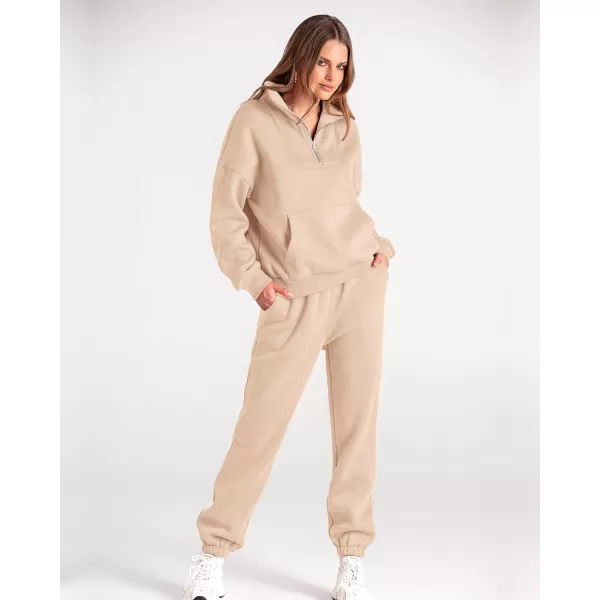 BTFBM Women 2 Piece Tracksuits Fall Winter 14 Zip Sweatshirt Jogger Pants Matching Lounge Sets Thick Sweatsuits PocketsSolid Light Khaki