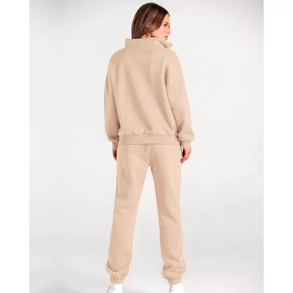 BTFBM Women 2 Piece Tracksuits Fall Winter 14 Zip Sweatshirt Jogger Pants Matching Lounge Sets Thick Sweatsuits PocketsSolid Light Khaki