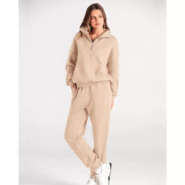 BTFBM Women 2 Piece Tracksuits Fall Winter 14 Zip Sweatshirt Jogger Pants Matching Lounge Sets Thick Sweatsuits PocketsSolid Light Khaki